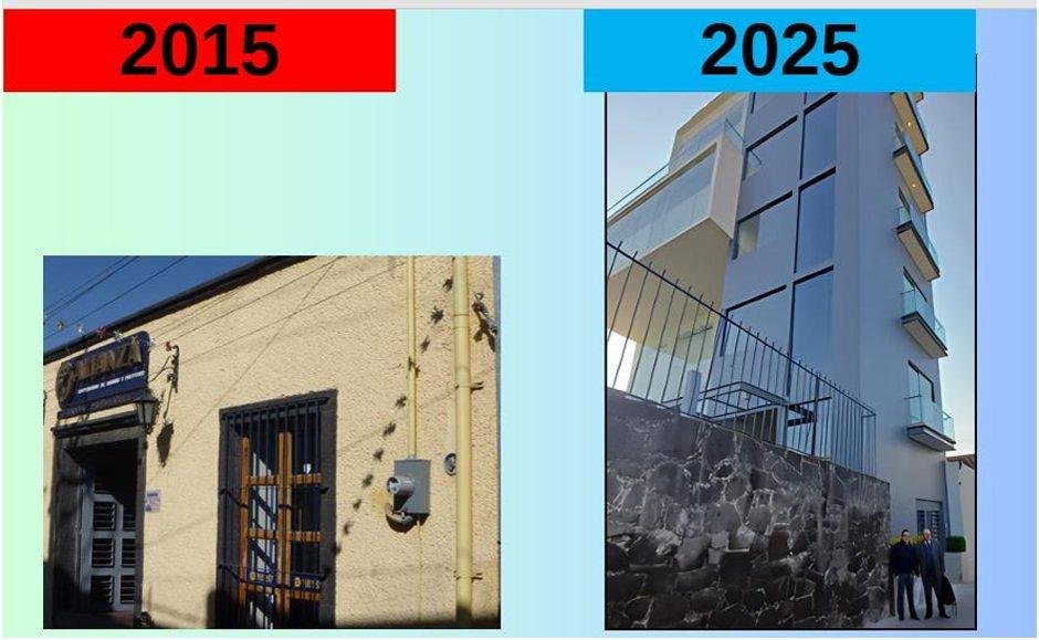 La sede de la Caja Popular Santiago Apóstol en 2015, un local sin cartel, y en 2025, un edificio de 9 pisos